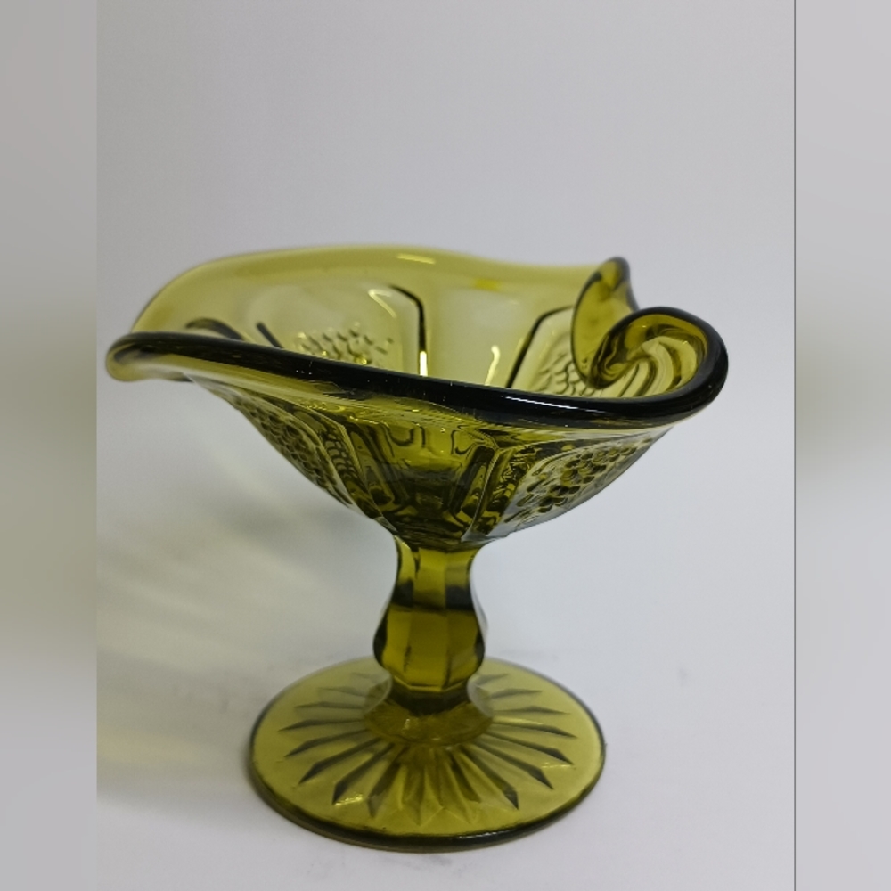 1960 LE Smith Green Glass Grapes Pedestal 4" Compote Dish Round Base